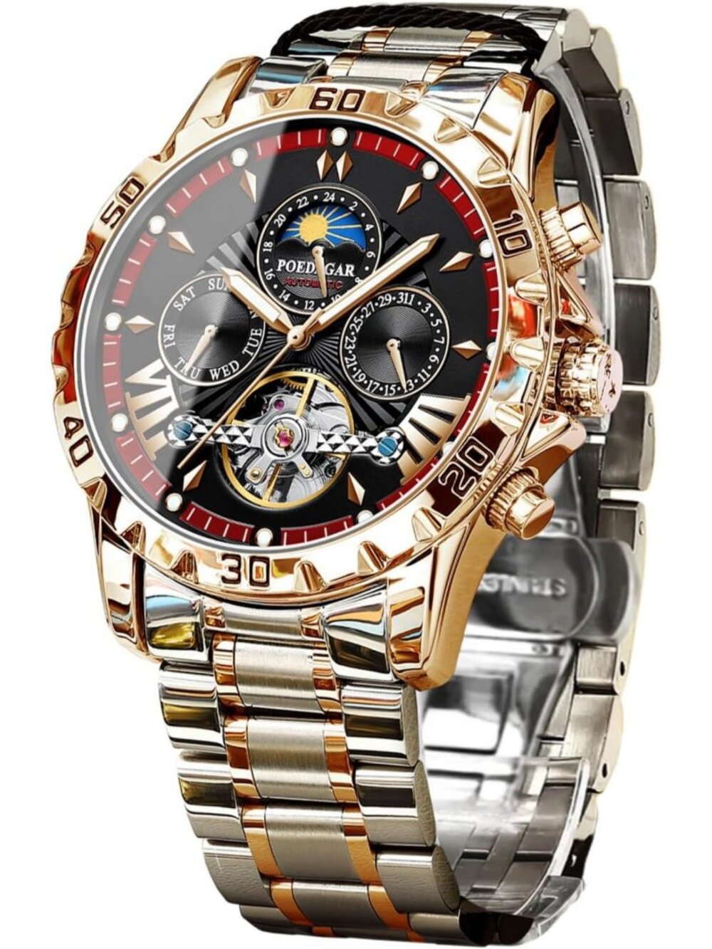 Luxury Moon Phase Tourbillon Men's Watch, Automatic Self-Wind, Stainless Steel